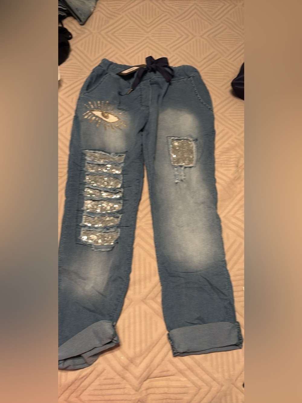 Women’s Blue Distressed Sequin Detail Joggers and camo joggers